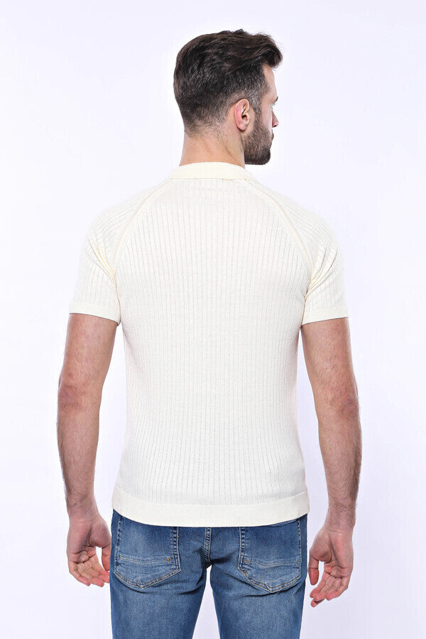 WSS Polo Zippered Patterned Cream Knitted T-Shirt  - Hagen