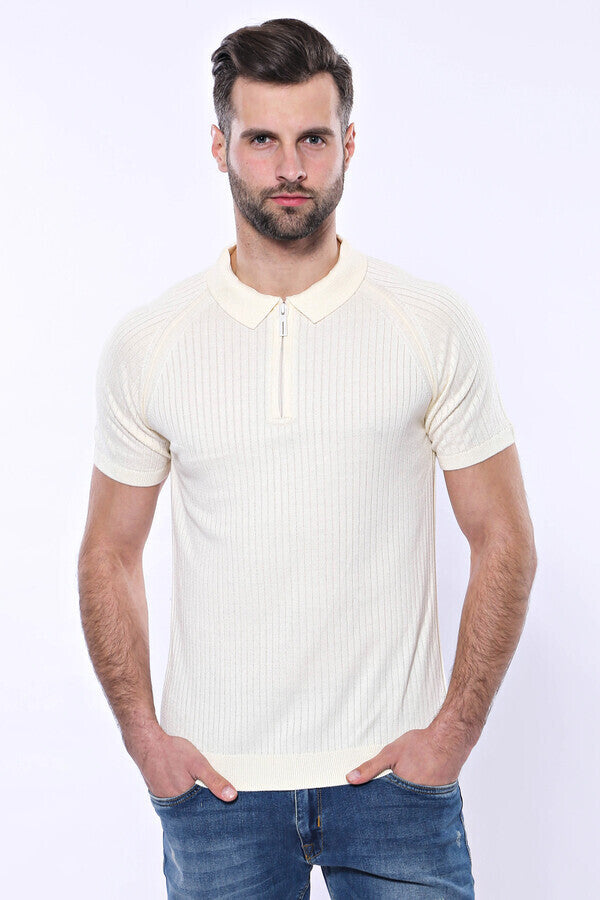 WSS Polo Zippered Patterned Cream Knitted T-Shirt  - Hagen