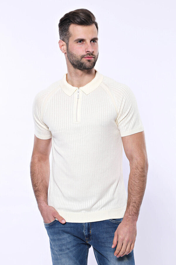 WSS Polo Zippered Patterned Cream Knitted T-Shirt  - Hagen