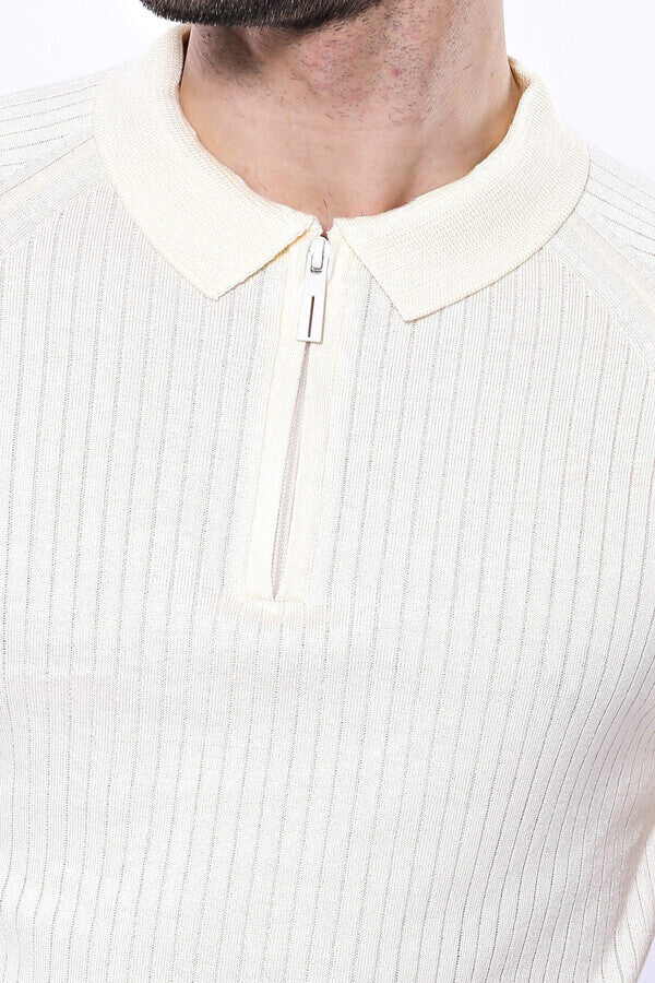 WSS Polo Zippered Patterned Cream Knitted T-Shirt  - Hagen