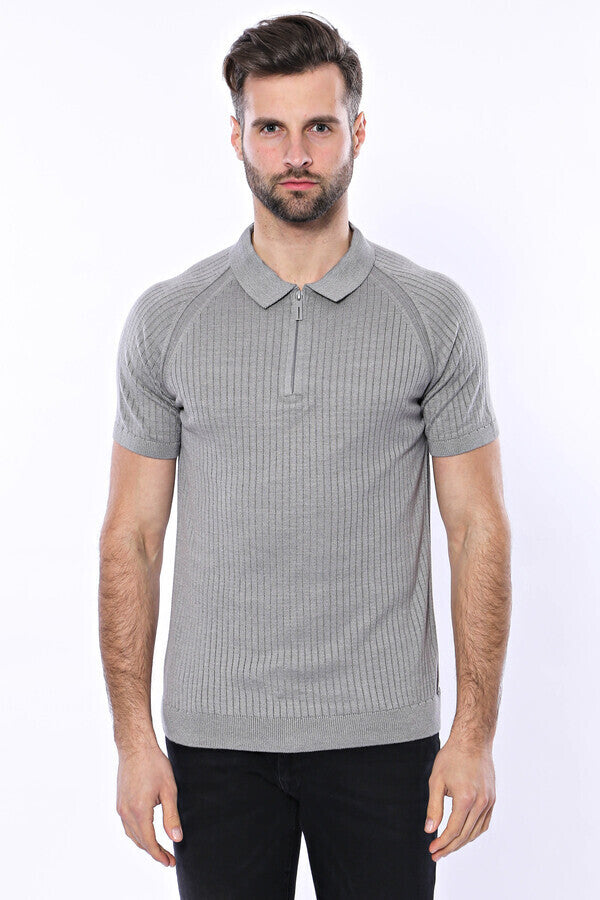 WSS Polo Zippered Patterned Grey Knitted T-Shirt  - Colombes