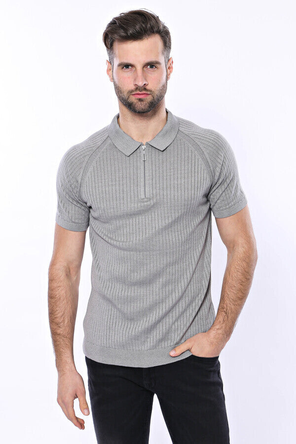 WSS Polo Zippered Patterned Grey Knitted T-Shirt  - Colombes