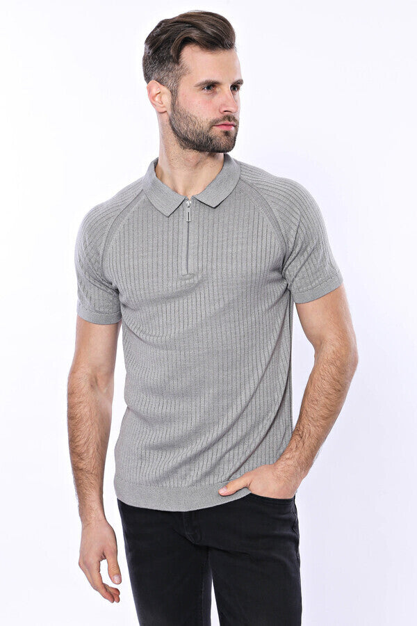 WSS Polo Zippered Patterned Grey Knitted T-Shirt  - Colombes