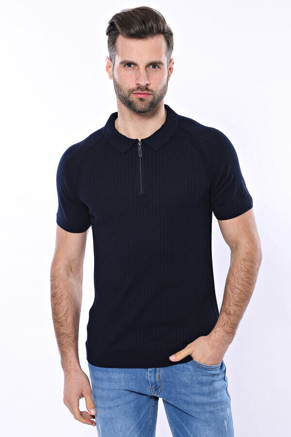 WSS Polo Zippered Patterned Knitted Navy Blue Men T-Shirt  - Waukegan