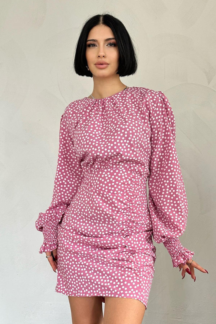 ELS Polka Dot Front Ruched Dress - Fuchsia - Tiel