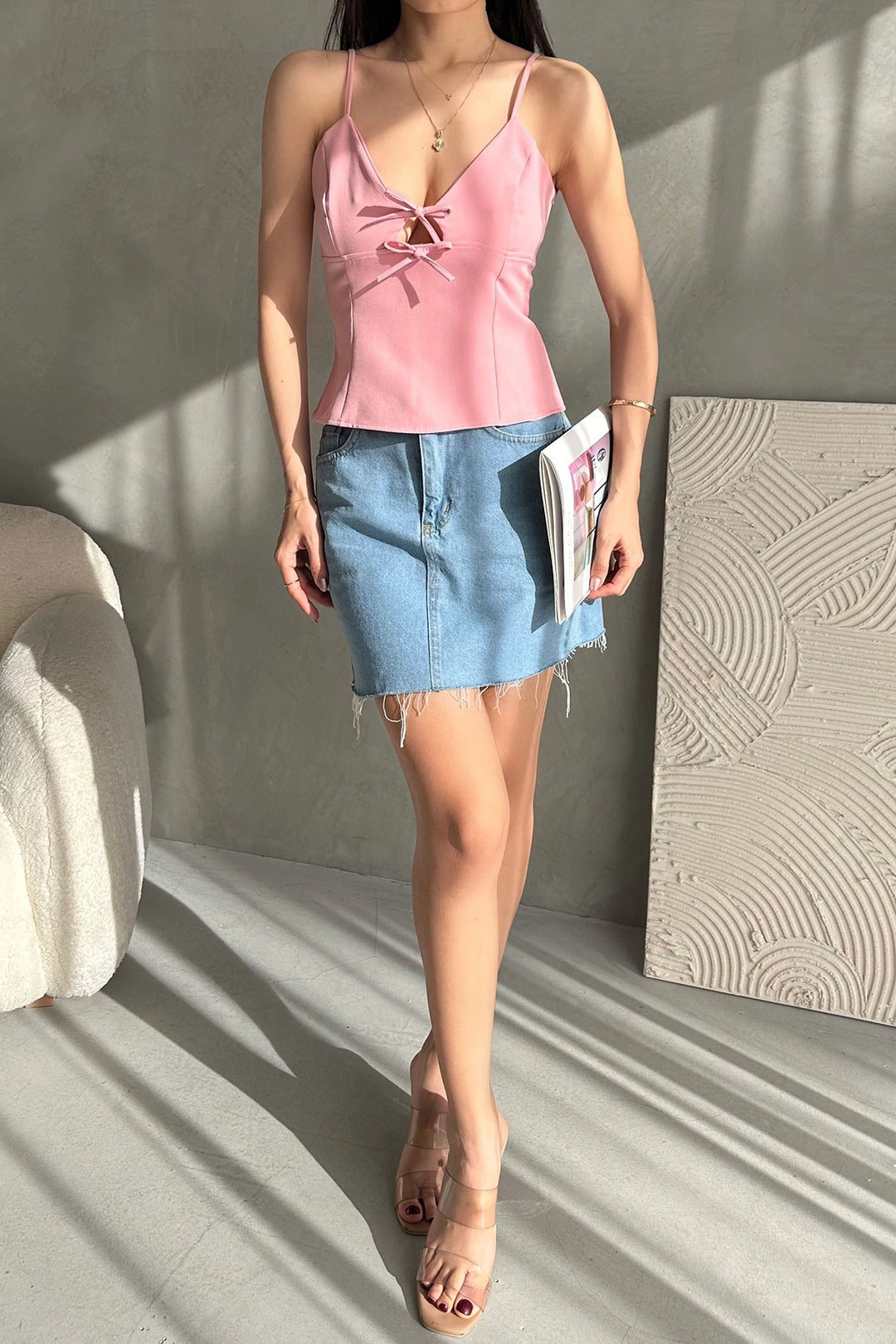 Powder Adjustable String Strap Front Tie Detailed Summer Blouse BCDF-252187 - Chalkída