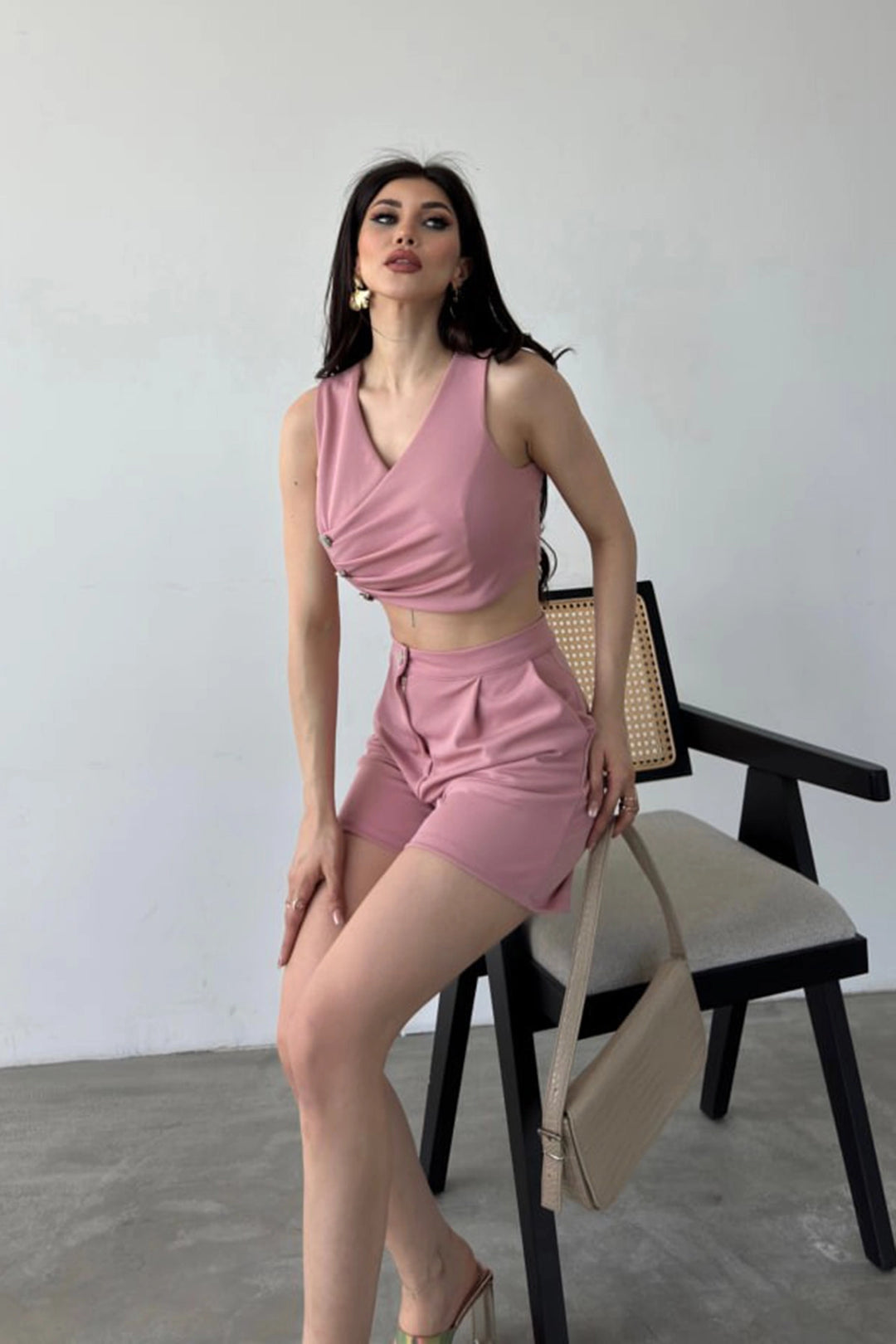Powder Cropped Vest and Shorts Set with Wrap V-Neck and Button Details BCDF-241076 - Fort Worth