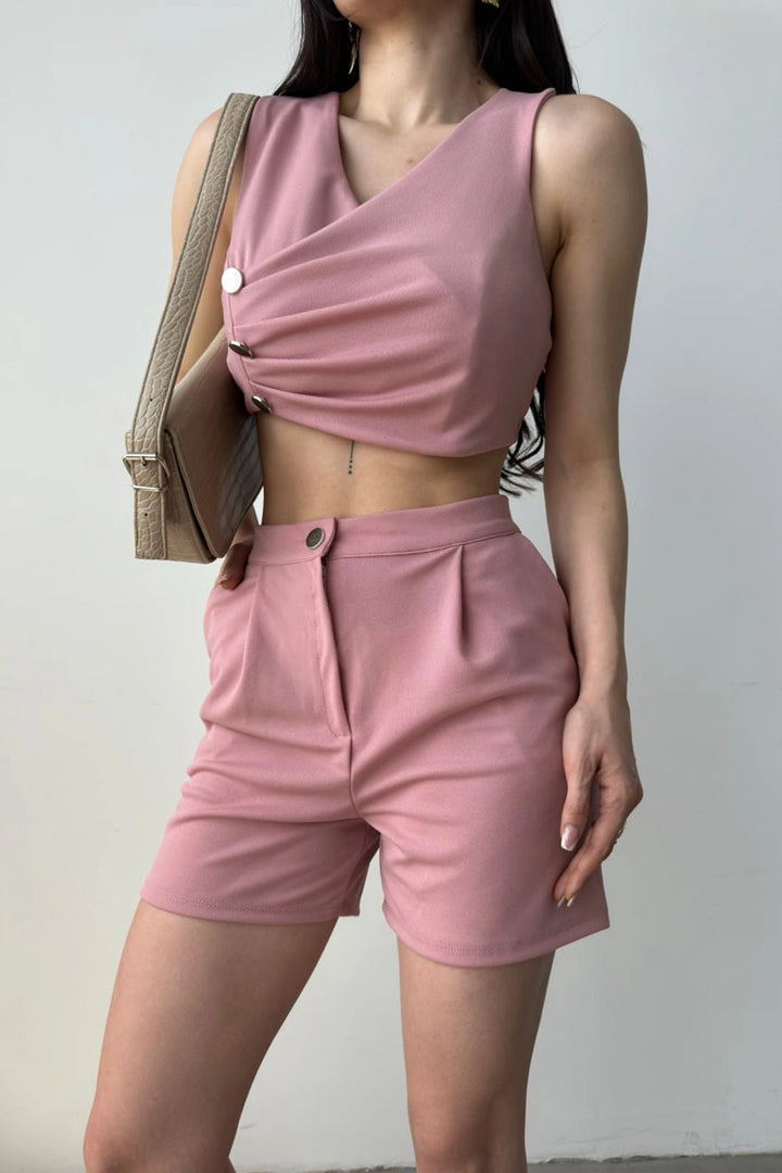 Powder Cropped Vest and Shorts Set with Wrap V-Neck and Button Details BCDF-241076 - Fort Worth