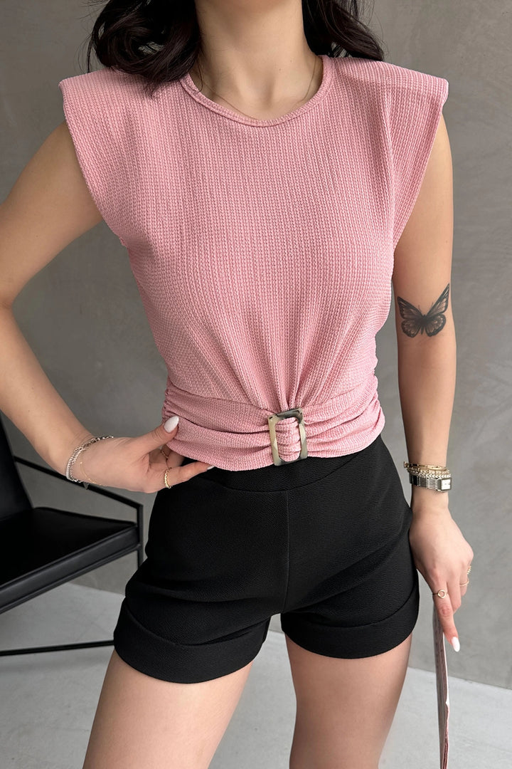 Powder Shoulder Padded Waist Belted Ruffled Blouse BCDF-252164 - Reims