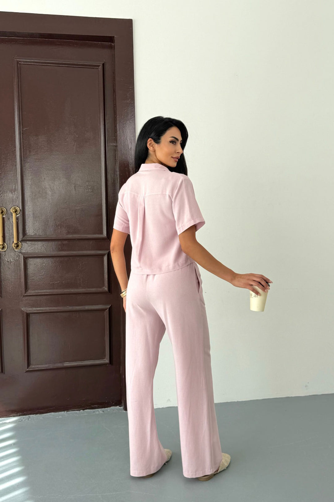 Powder Pink Elastic Waist Pants and Short Sleeve Shirt Cotton Linen Set BCCM-253001 - Newport