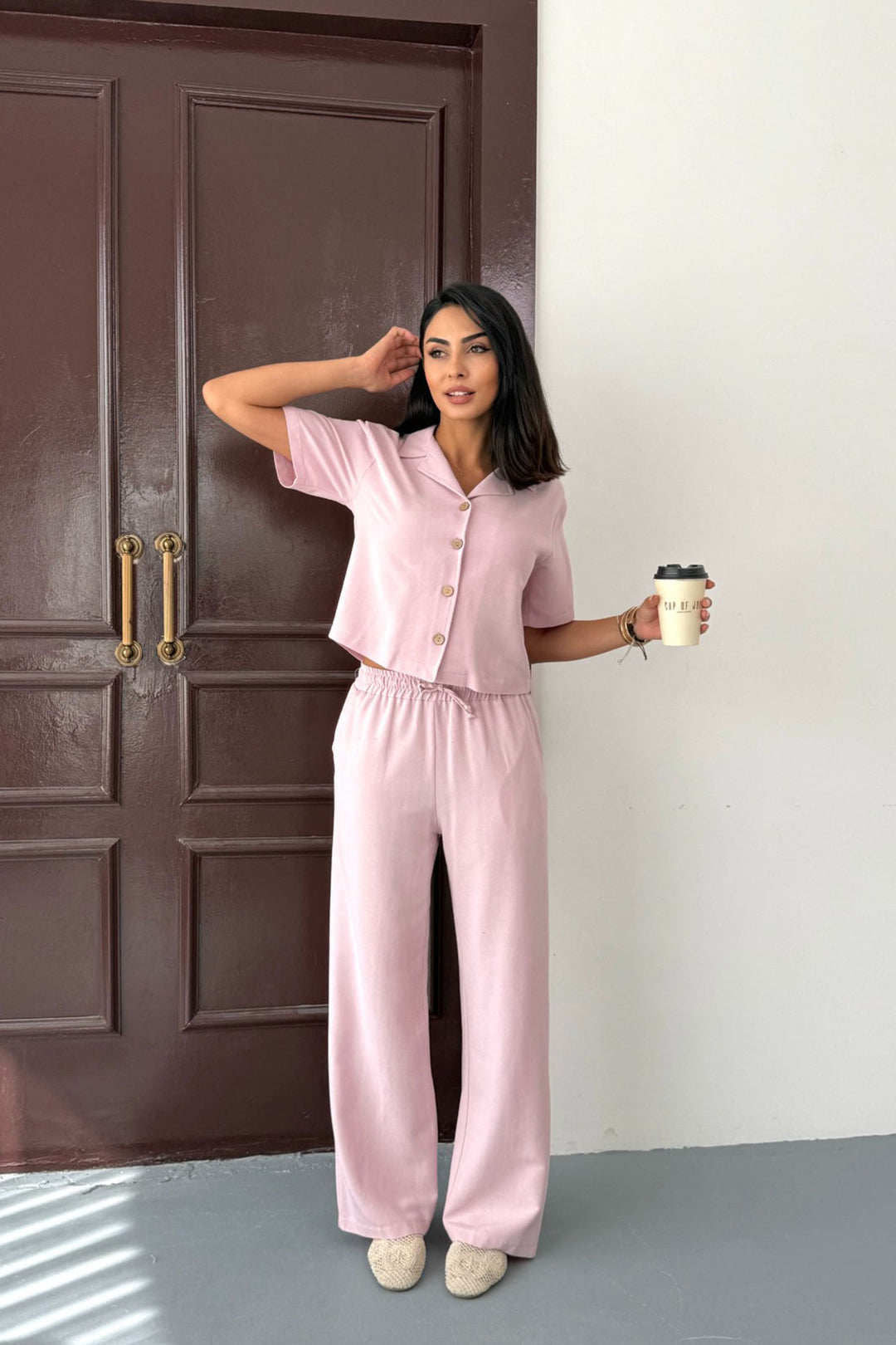 Powder Pink Elastic Waist Pants and Short Sleeve Shirt Cotton Linen Set BCCM-253001 - Newport
