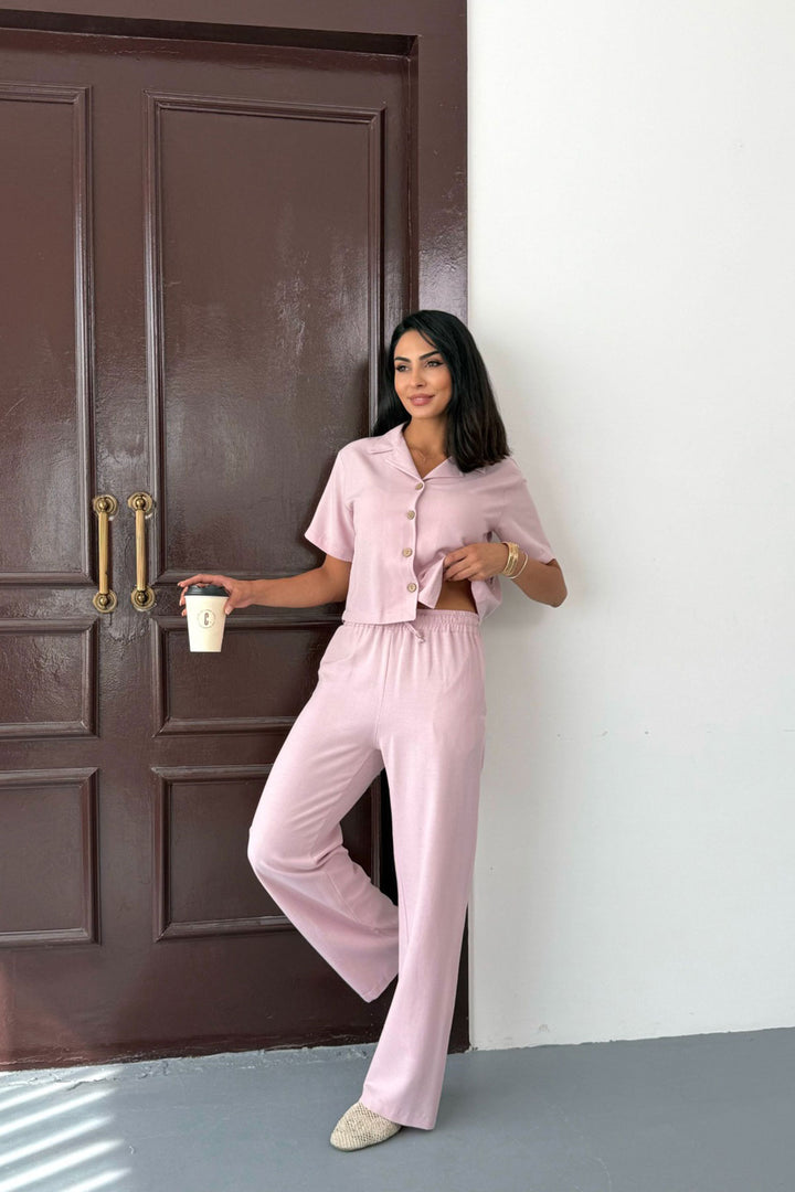 Powder Pink Elastic Waist Pants and Short Sleeve Shirt Cotton Linen Set BCCM-253001 - Newport