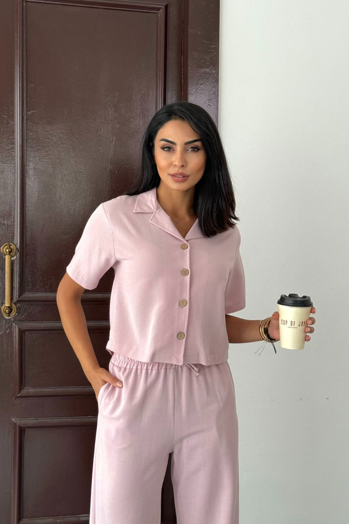 Powder Pink Elastic Waist Pants and Short Sleeve Shirt Cotton Linen Set BCCM-253001 - Newport