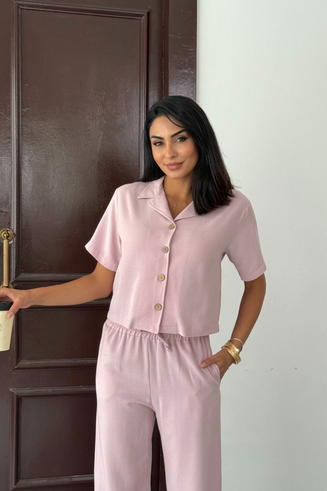 Powder Pink Elastic Waist Pants and Short Sleeve Shirt Cotton Linen Set BCCM-253001 - Newport