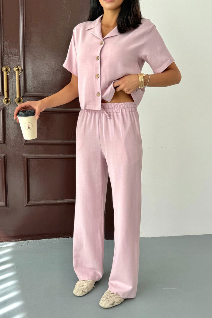 Powder Pink Elastic Waist Pants and Short Sleeve Shirt Cotton Linen Set BCCM-253001 - Newport