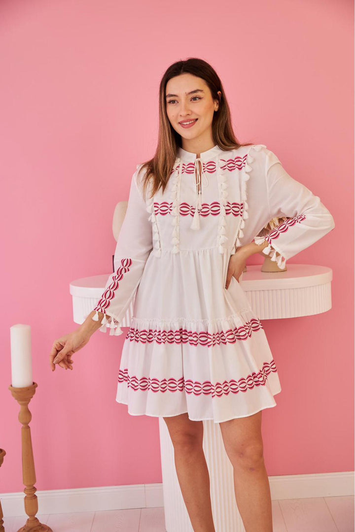 ELS Tasseled and Patterned Dress - White - College Station