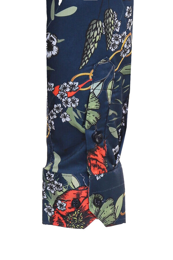 WSS Red Floral Patterned Slim-Fit Long Sleeves Navy Blue Shirt  - Boca Raton
