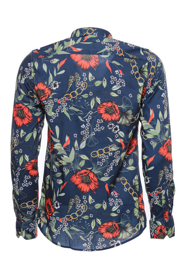WSS Red Floral Patterned Slim-Fit Long Sleeves Navy Blue Shirt  - Boca Raton