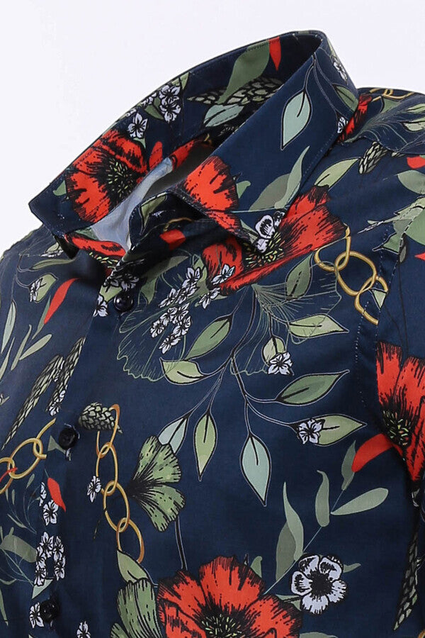 WSS Red Floral Patterned Slim-Fit Long Sleeves Navy Blue Shirt  - Boca Raton