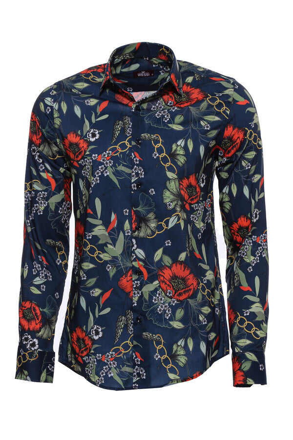 WSS Red Floral Patterned Slim-Fit Long Sleeves Navy Blue Shirt  - Boca Raton