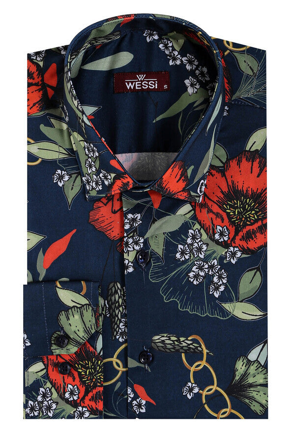WSS Red Floral Patterned Slim-Fit Long Sleeves Navy Blue Shirt  - Boca Raton