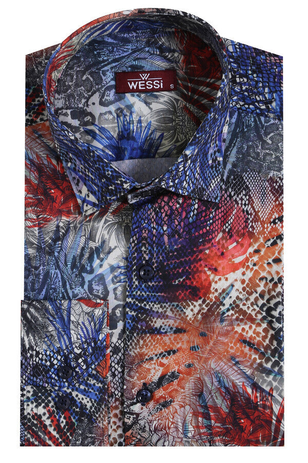 WSS Red Leaf Patterned Navy Blue Men Shirt  - La Crosse