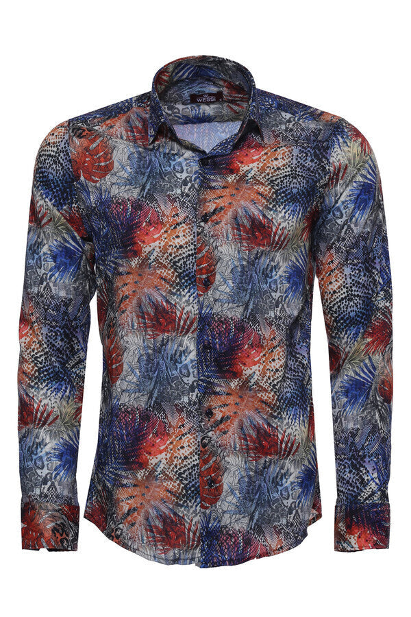 WSS Red Leaf Patterned Navy Blue Men Shirt  - La Crosse