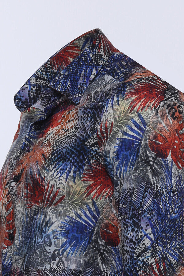 WSS Red Leaf Patterned Navy Blue Men Shirt  - La Crosse