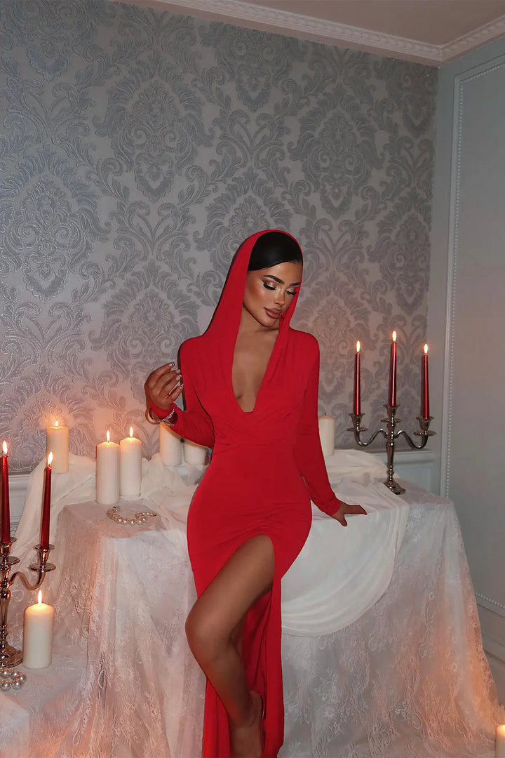 EYY Women Red Long Sleeve Hooded Dress - Pittsburgh