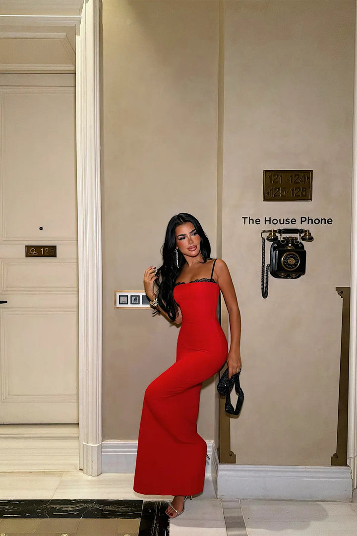 EYY Women Red Midi Dress with Lace Detail - La Ciotat