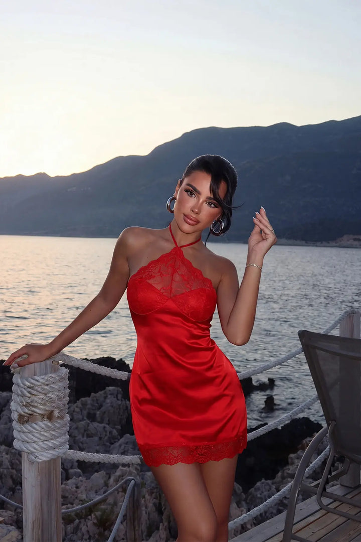 EYY Women Red Mini Dress with Lace Detail - Metairie
