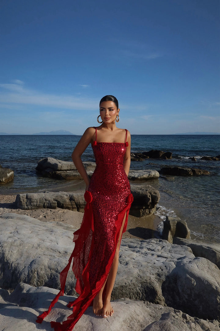 EYY Women Red Paxton Sequined Long Slit Dress - Penfield