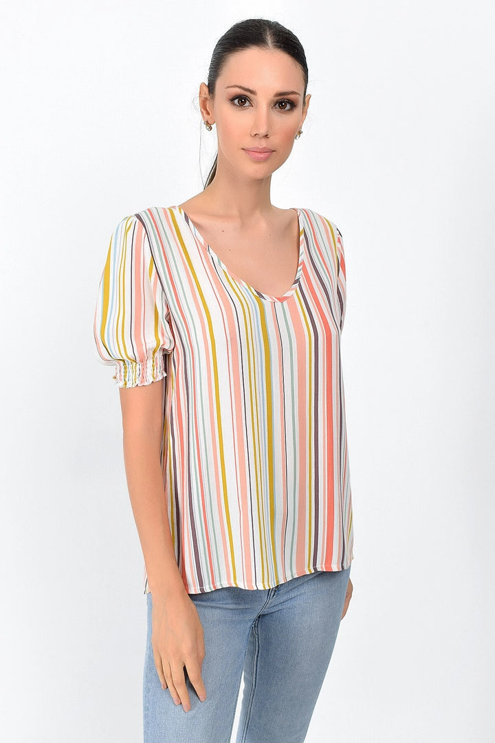 Colorful Striped V-Neck Sleeve Cuff Detailed Short Sleeve Blouse CO-259363011 - Widnes