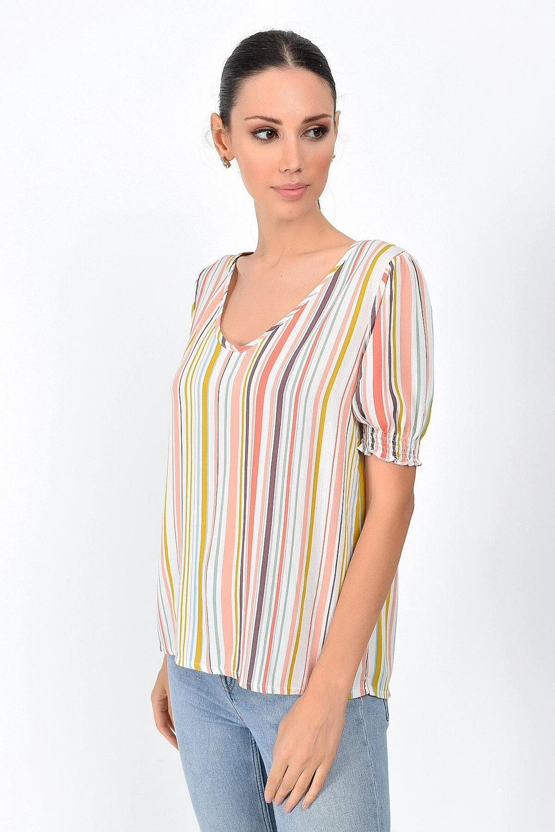 Colorful Striped V-Neck Sleeve Cuff Detailed Short Sleeve Blouse CO-259363011 - Widnes