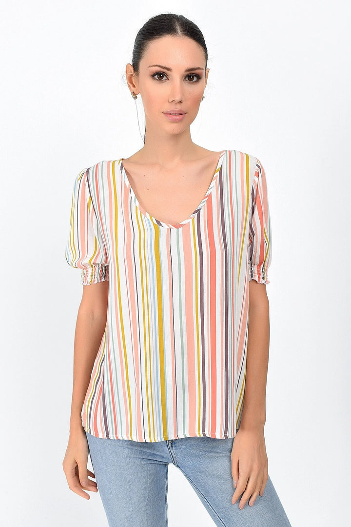 Colorful Striped V-Neck Sleeve Cuff Detailed Short Sleeve Blouse CO-259363011 - Widnes