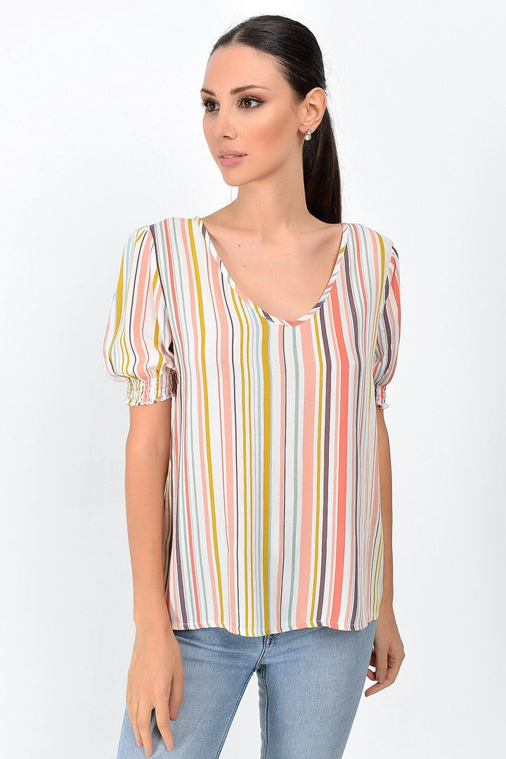 Colorful Striped V-Neck Sleeve Cuff Detailed Short Sleeve Blouse CO-259363011 - Widnes