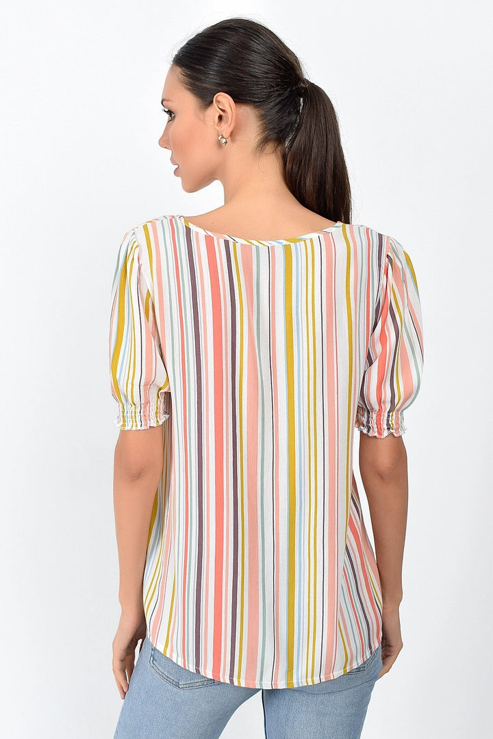 Colorful Striped V-Neck Sleeve Cuff Detailed Short Sleeve Blouse CO-259363011 - Widnes