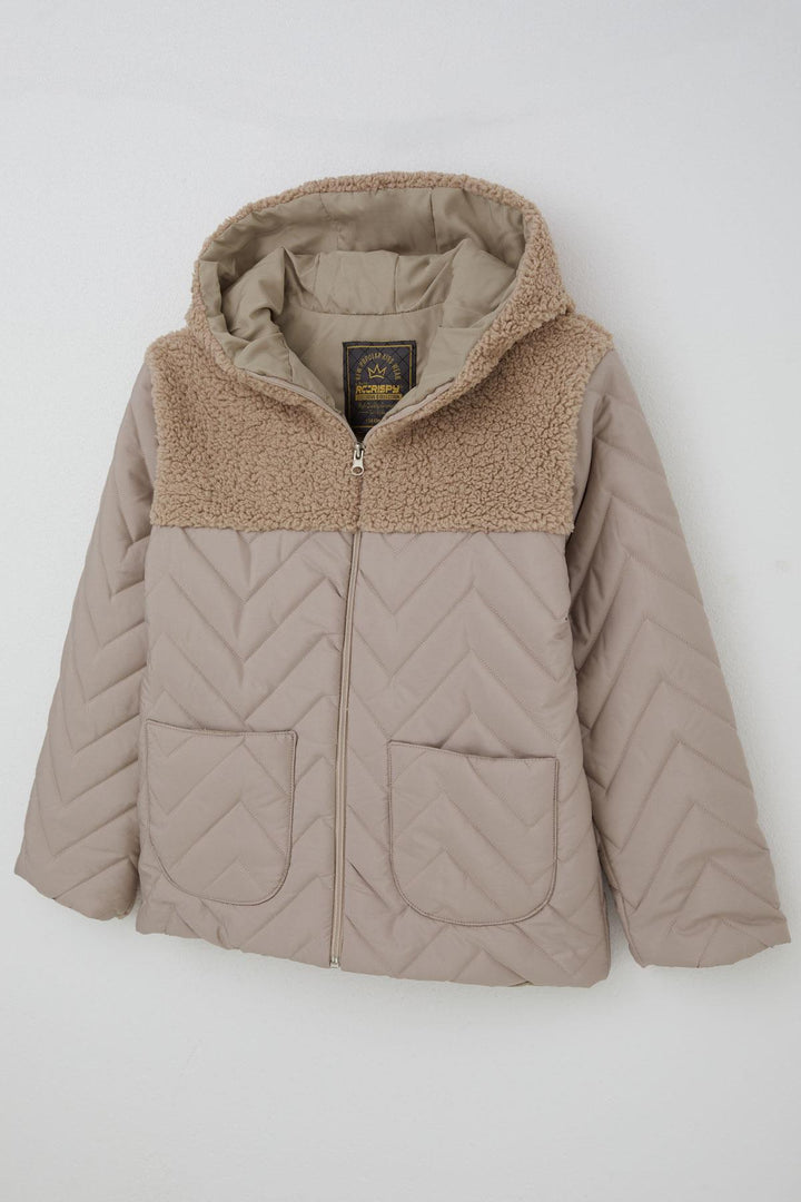 BRE Reycan Boy's Quilted Jacket with Zipper Plush Detail 5-8 Years, Stone - Whittier