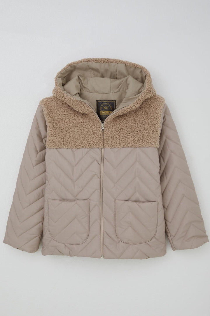 BRE Reycan Boy's Quilted Jacket with Zipper Plush Detail 5-8 Years, Stone - Whittier