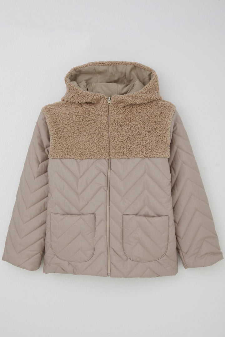 BRE Reycan Boy's Quilted Jacket with Zipper Plush Detail 5-8 Years, Stone - Whittier