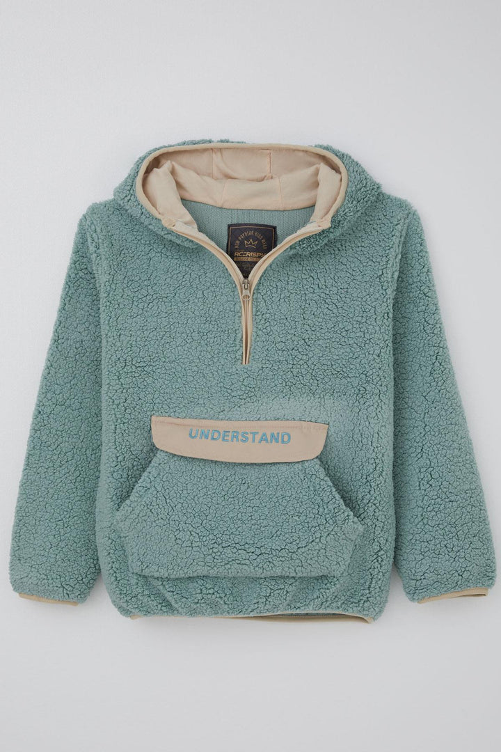 BRE Reycan Boy Plush Sweatshirt Hoodie with Kangaroo Pocket, 5-8 Years, Water Green - Ensenada