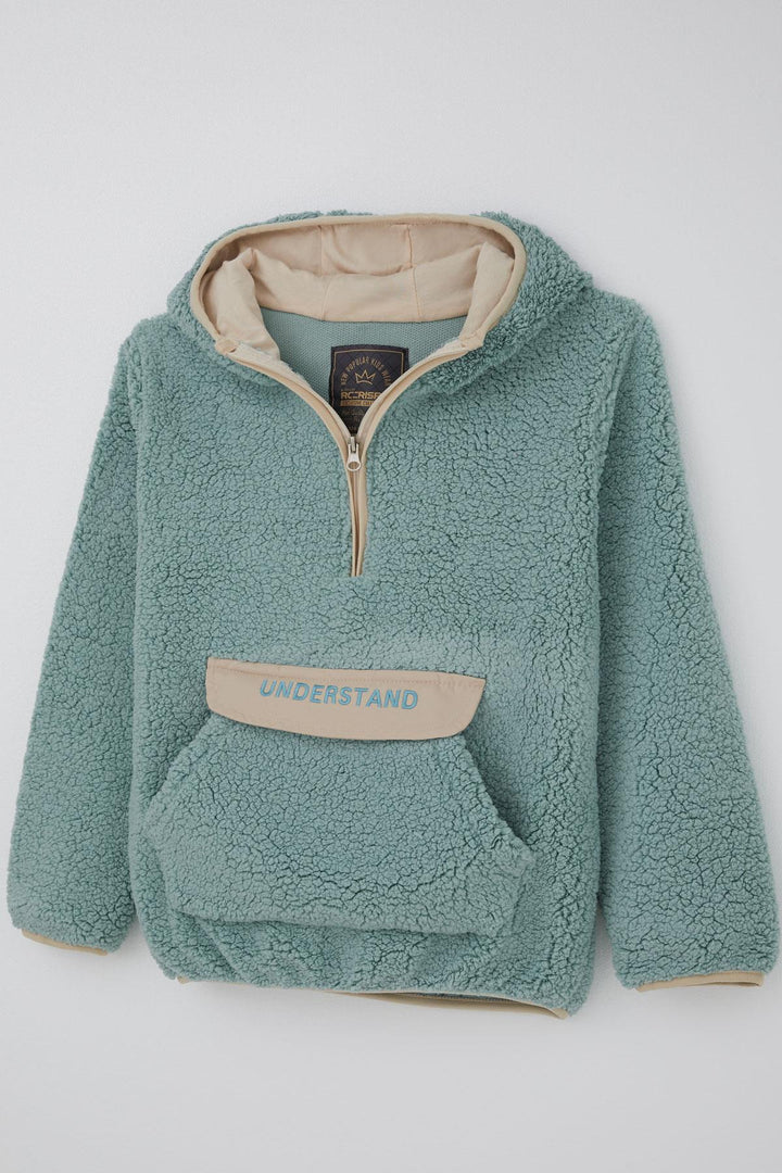 BRE Reycan Boy Plush Sweatshirt Hoodie with Kangaroo Pocket, 5-8 Years, Water Green - Ensenada