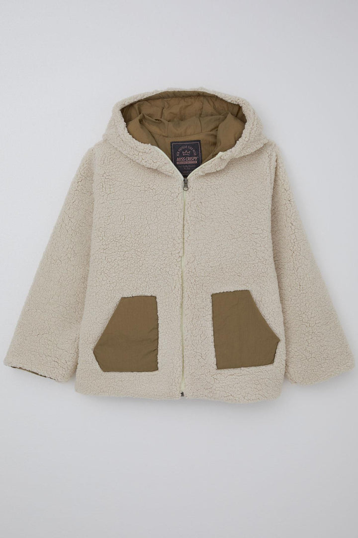 BRE Reycan Girl Plush Jacket with Hood and Zipper 5-8 Years, Stone - Ocala