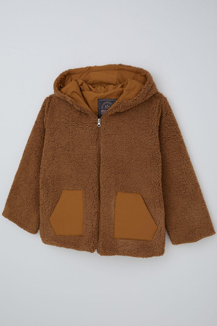 BRE Reycan Girl Child Plush Jacket with Hood and Zipper, 5-8 Years, Brown - Chandler