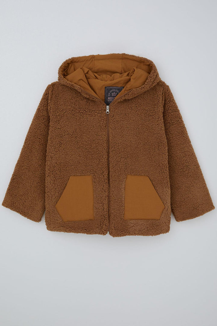 BRE Reycan Girl Child Plush Jacket with Hood and Zipper, 5-8 Years, Brown - Chandler