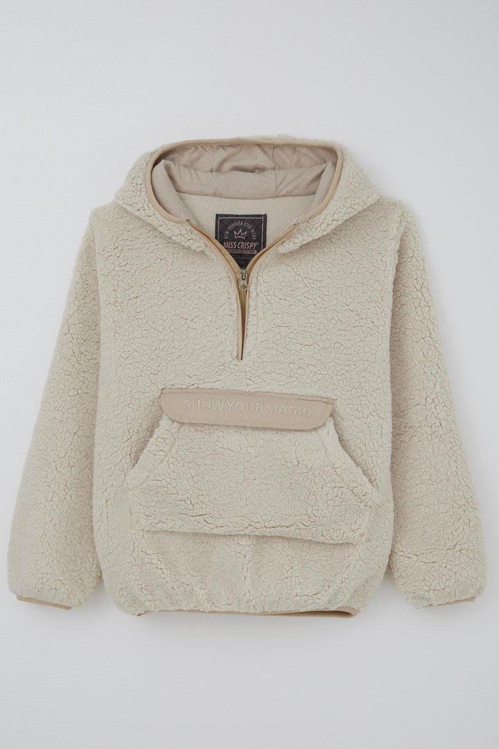 BRE Reycan Girl Plush Sweatshirt with Hoodie Kangaroo Pocket 5-8 Years, Stone - Auckland