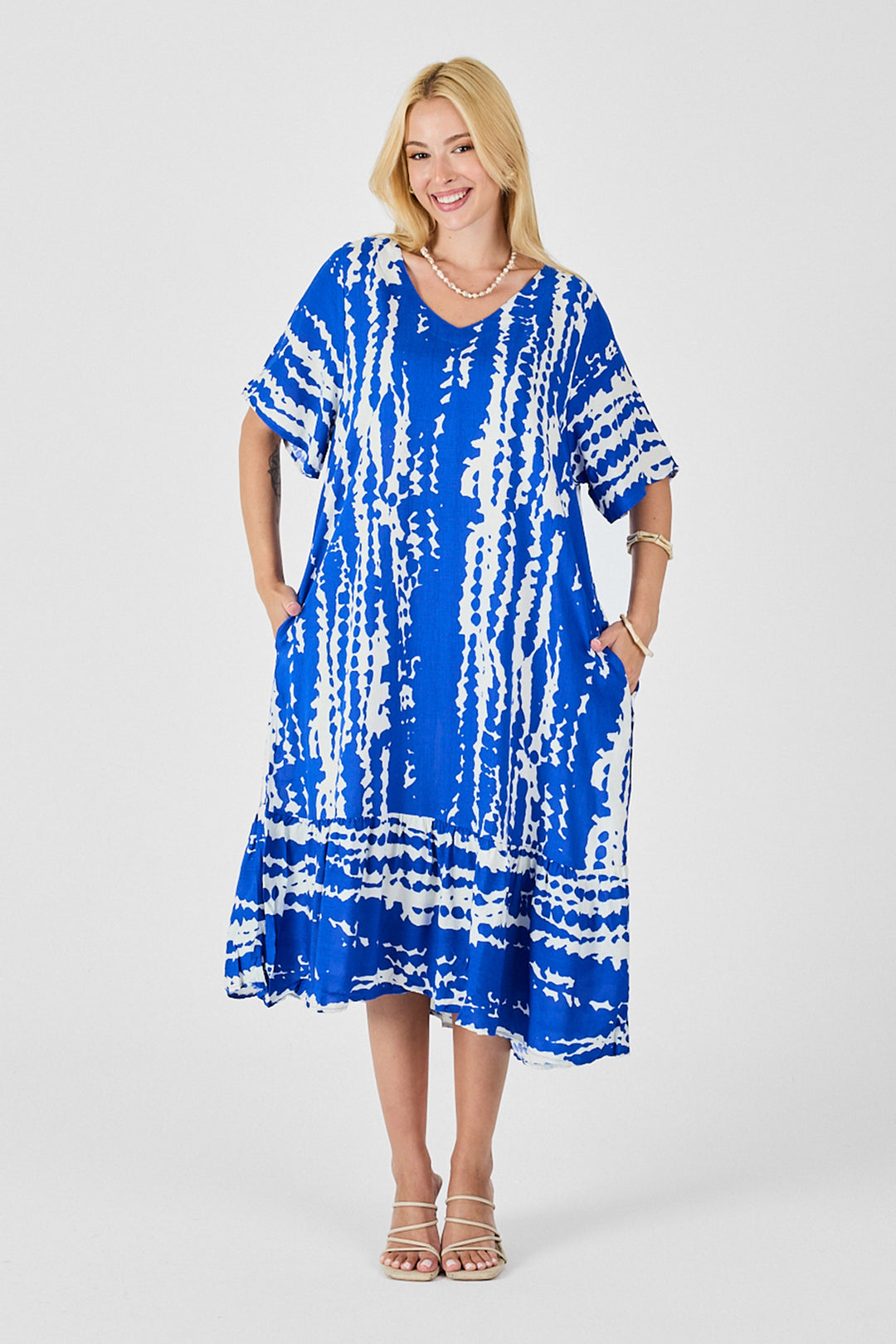 Saks Batik Pattern V-Neck Skirt Ruffled Oversized Dress BCVL-254023 - Uxbridge