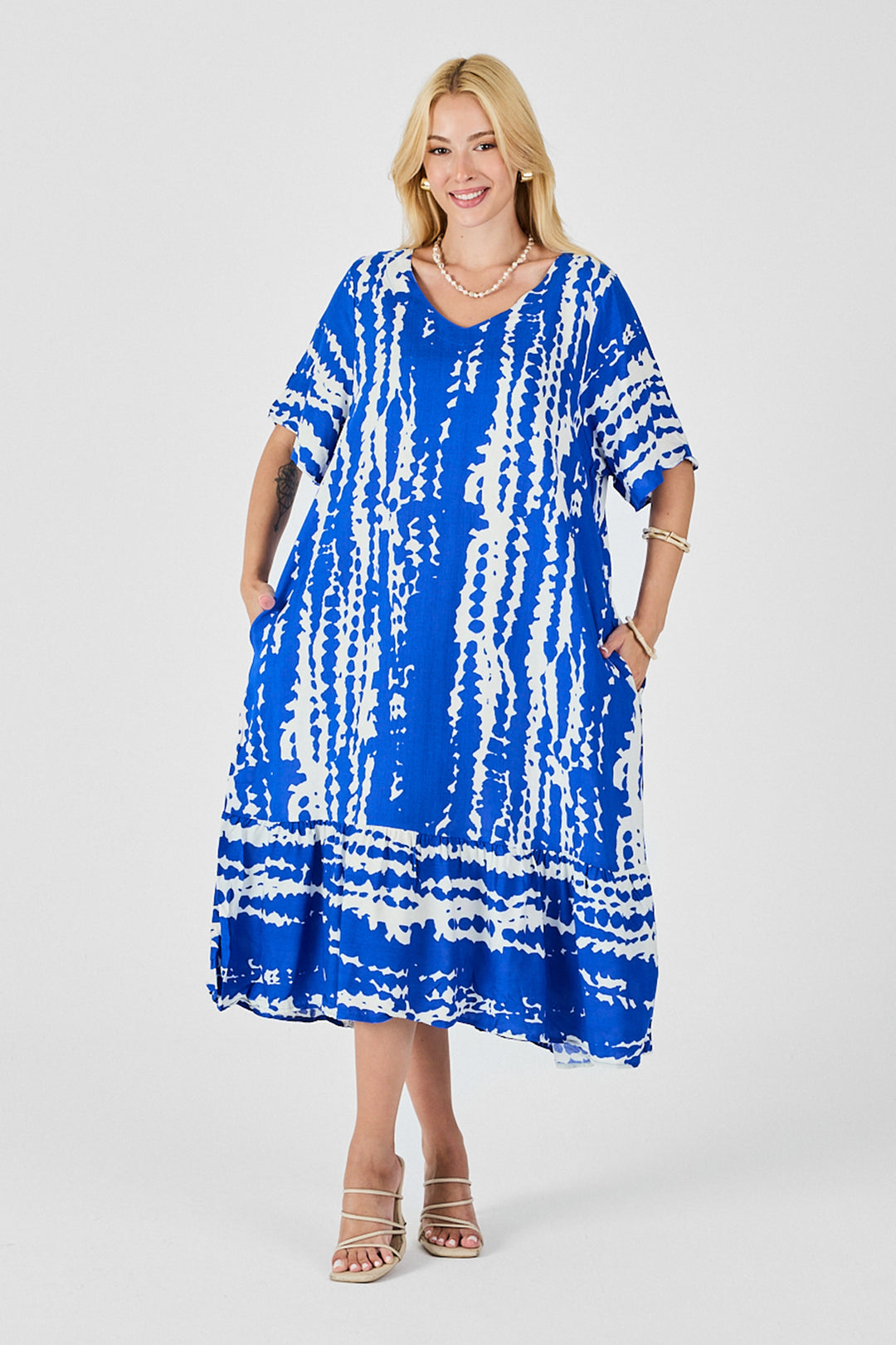 Saks Batik Pattern V-Neck Skirt Ruffled Oversized Dress BCVL-254023 - Uxbridge