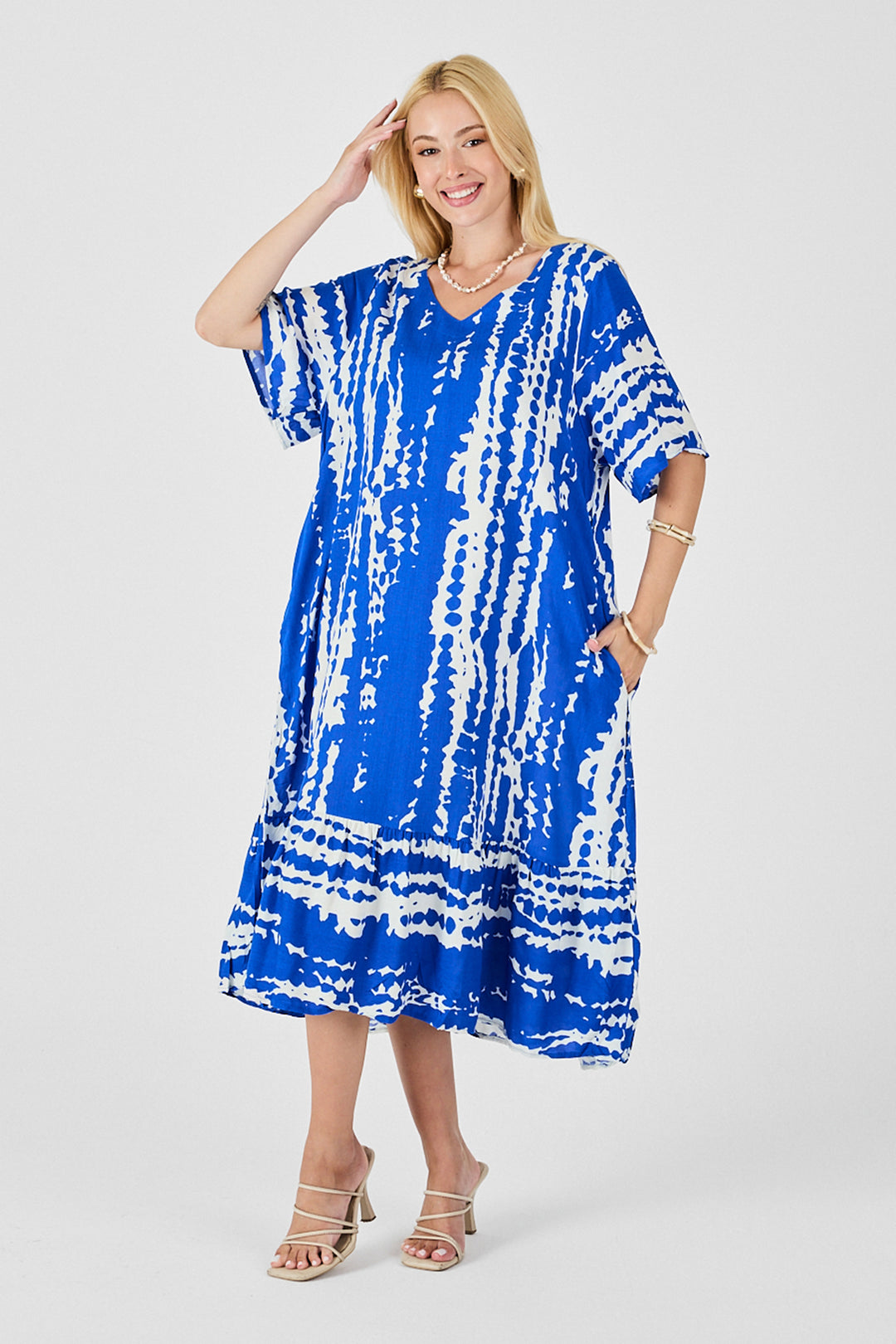 Saks Batik Pattern V-Neck Skirt Ruffled Oversized Dress BCVL-254023 - Uxbridge
