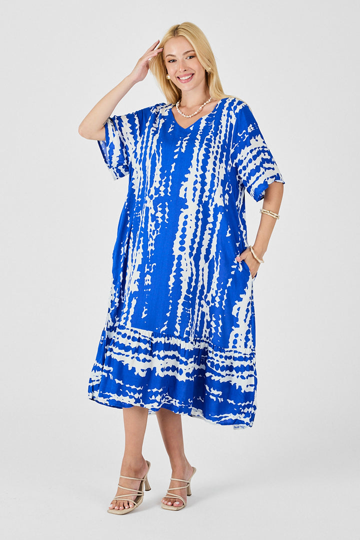 Saks Batik Pattern V-Neck Skirt Ruffled Oversized Dress BCVL-254023 - Uxbridge